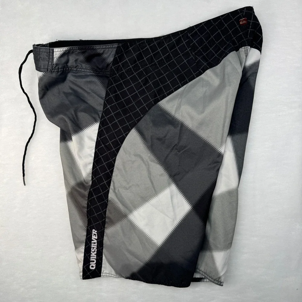 Vintage Quiksilver Neo Fly 2.0 Board Shorts Gray Plaid Surf Swim Men's 36 Y2K L